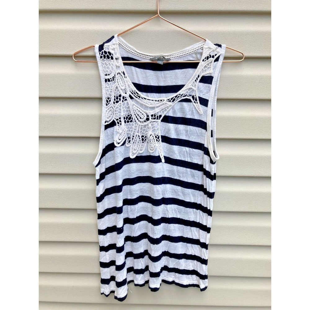 Po Pori Women's Striped black/white sleeveless top with crochet detail Large